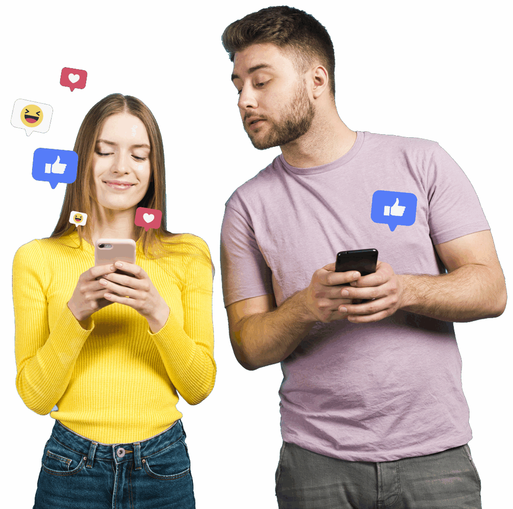 Homme et femme utilisant leur smartphone, illustrant l'achat d'abonnés et followers en ligne pour booster la visibilité sur les réseaux sociaux (Snapchat, Instagram, Twitter, Facebook).