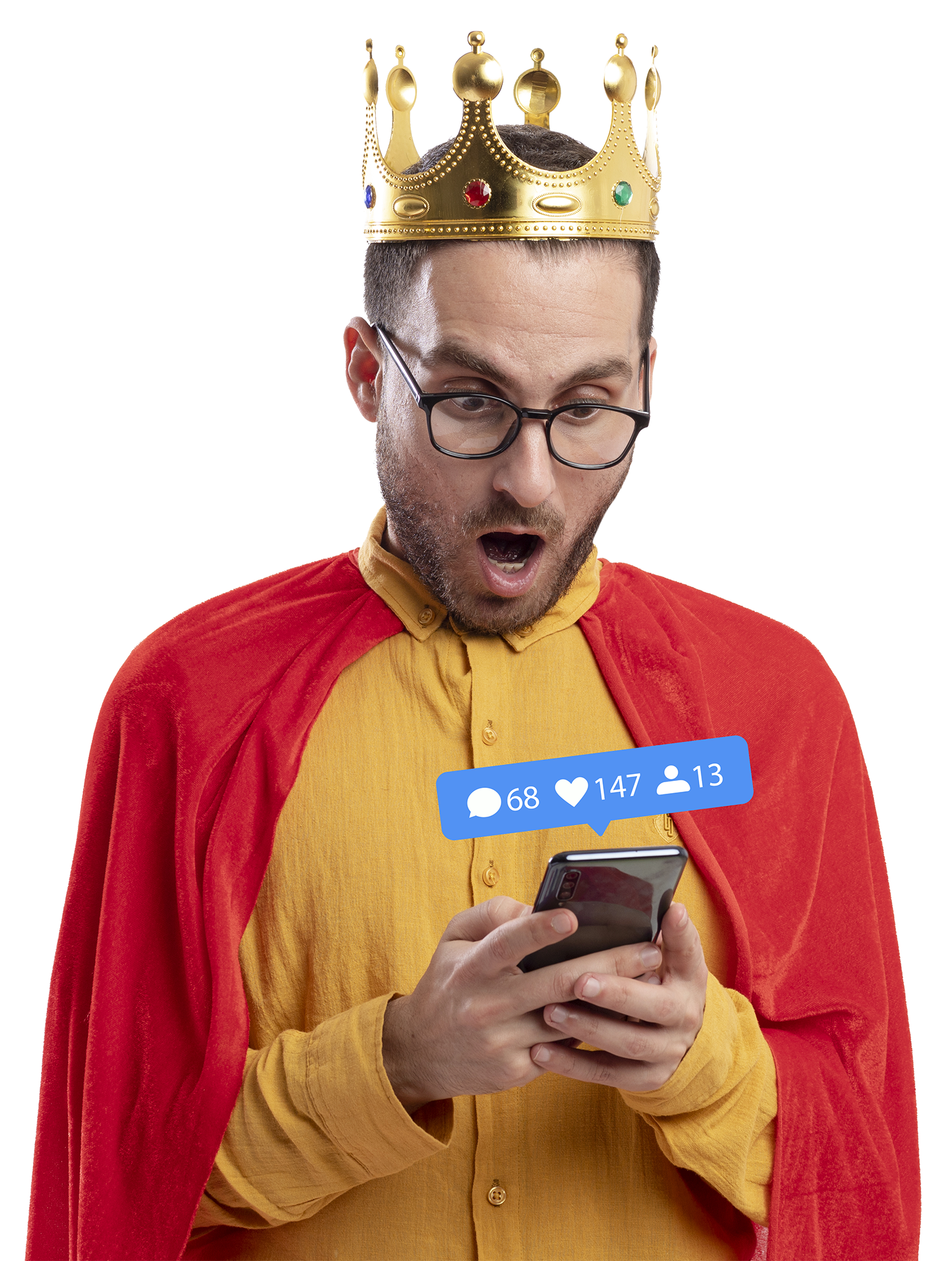 Image d'une personne couronnée en tant que roi des réseaux sociaux, symbolisant l'influence.