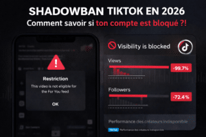 Illustration d’un shadowban TikTok avec baisse de vues en 2026