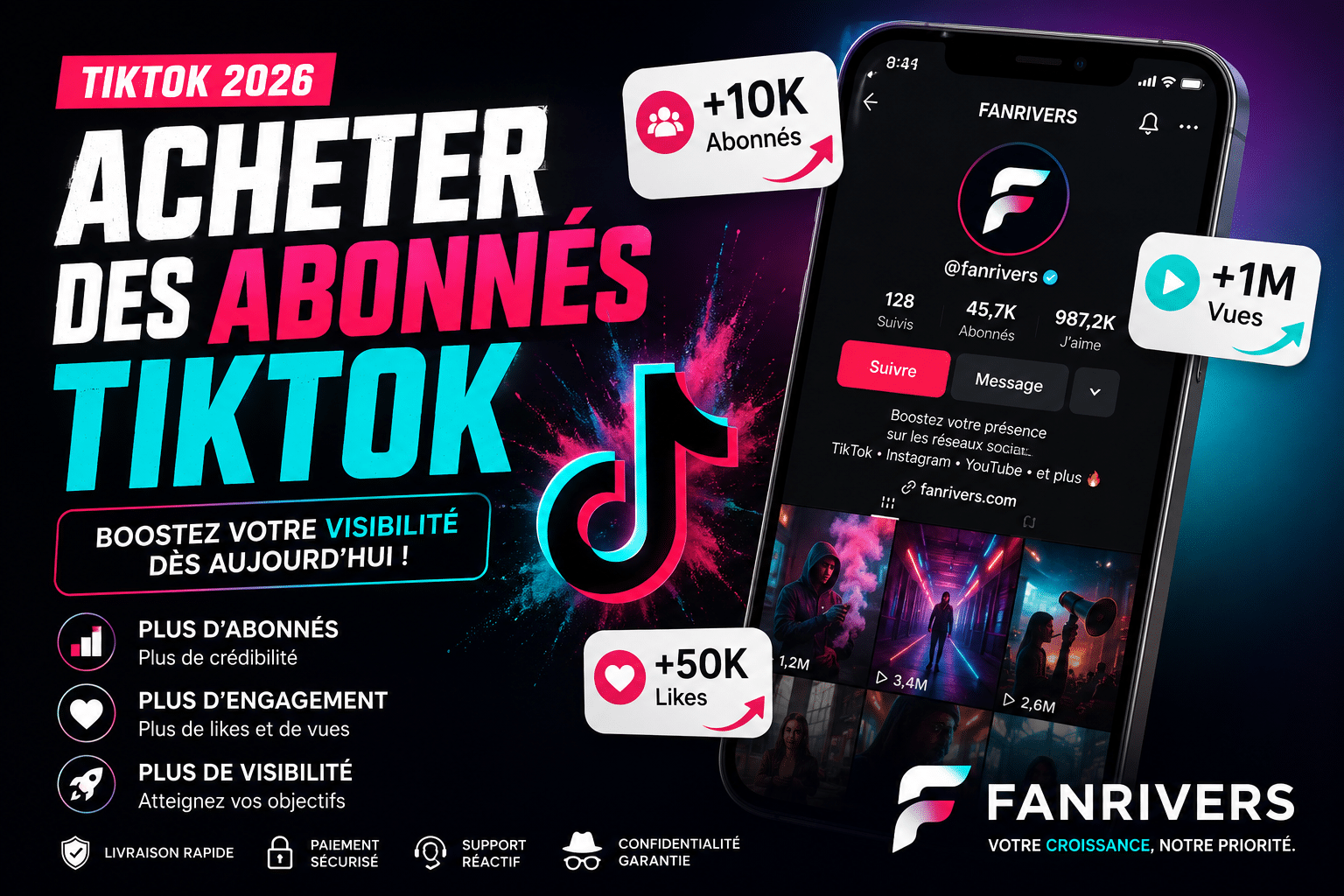Acheter des abonnés TikTok avec FANRIVERS pour augmenter votre visibilité, votre crédibilité et développer votre communauté sur TikTok.